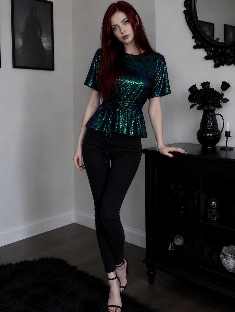 Grace Karin XL Emerald Peacock Sequin Peplum Top NWT | Glam Holiday Party Disco